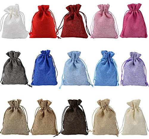 Pamtns 45 Pièces Sac Toile de Jute Multicolore - Pochettes Lin Avec Cordon - Sachets Cadeaux Réutilisables pour Mariage, Noël, Fête - Sachet Bonbons