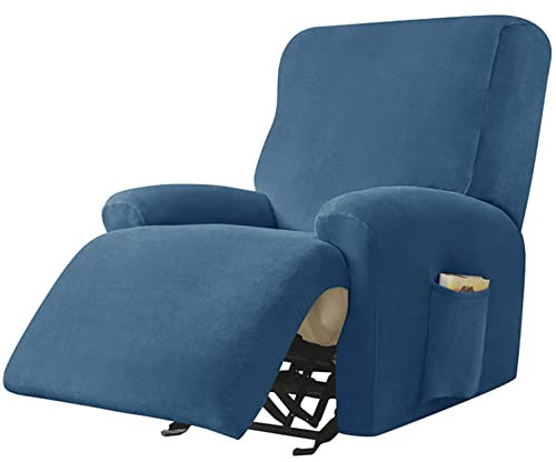 YOPOIY 4 Stück Velvet Sesselhusse, Weich Plüsch Relaxsessel bezug rutschfest Ruhesessel bezüge Waschbar Stretch Sesselüberwurf mit Tasche -blau