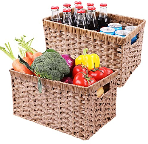 ROSOS Wicker Baskets 2 Pack, Rectangular Wicker Storage Basket with Handles, Waterproof Plastic Large Baskets for Organizing, Nesting Hand-Woven Storage Baskets for Pantry Storage
