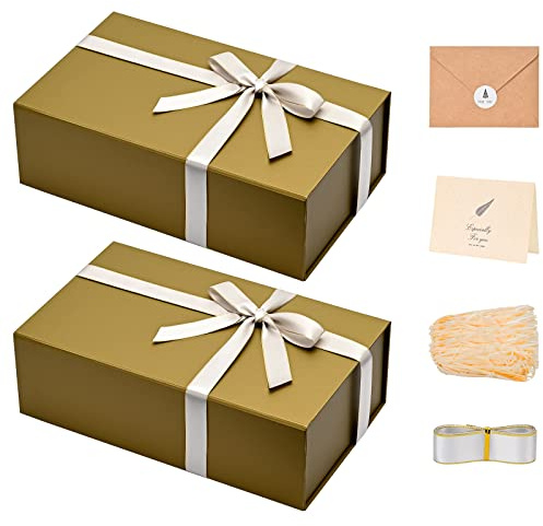LIFELUM Leere Geschenkboxen, 35,2 x 21,2 x 11,3 cm, rechteckig, zusammenklappbar, mit magnetischem Deckel und Band, Karte, geschredderter Papierfüller, 2 Stück