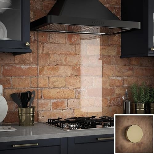 Generic Glass Kitchen Splashback with Brass Caps, Clear, 600 x 700mm | Includes a fixing kit with pre-drilled holes for easy wall mounting, backed by a 5-year guarantee against steam and stains.