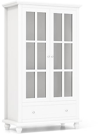 COSTWAY Bücherschrank, Vitrinenschrank mit Türen aus gehärtetem Glas, verstellbarem Regal & Schublade, Büroschrank, Aktenschrank für Heimbüro und Wohnzimmer, 80 x 40 x 139 cm, Weiß