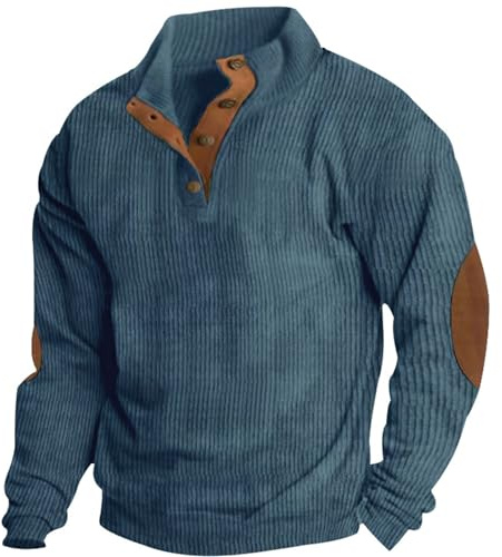 Pulls en velours côtelé pour homme Automne Hiver Col à revers Boutonnage Haut en molleton à col rabattable Polos en flanelle (Bleu denim, Très grand)