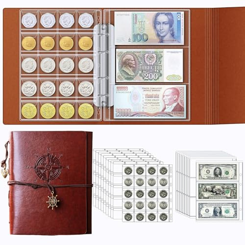 Ettonsun Coin Collection Book Holder for Collectors, 200 Pockets Coin Collecting Album & 30 Sleeves Paper Money Currency Display Storage Case for All Coin Collection Supplies (Brwon)