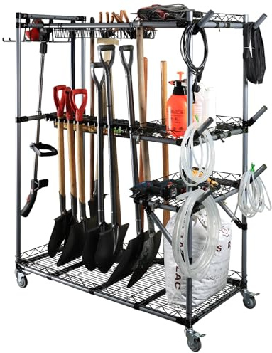 QTJH BIG Garden Tool Organizer with Wheels - Rolling Storage Rack - Multifunctional Cart