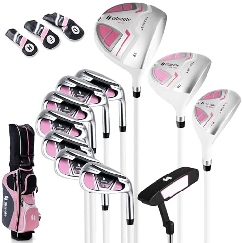 GYMAX Women Golf Clubs, 16PCS Right Handed Golf Set Includes Graphite 460CC Driver(1), Fairway (3), Hybrid (5) & Irons Size 5-SW, Putter & Stand Bag with Rain Hood, Complete Golf for Ladies (Pink)