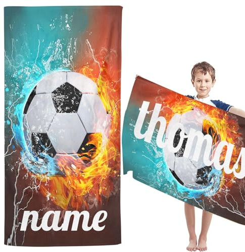 CYSYLQW Personalisiert Fußball Strandtuch Mit Namen, Personalisierte Fußball Handtuch Badetuch Mit Namen Mikrofaser Strandtuch Groß 100x200cm Badetuch Fußball Für Kinder (70 x 140 cm,1)