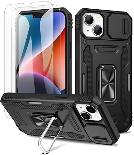 Doeshine Hülle für iPhone 14 & iPhone 13, Handyhülle mit 2 Stück Displayschutzfolie & Kameraschutz, 360° Rotate Metal Ring Ständer, Robust Militär Schutzhülle für iPhone 14 & iPhone 13 (Schwarz)