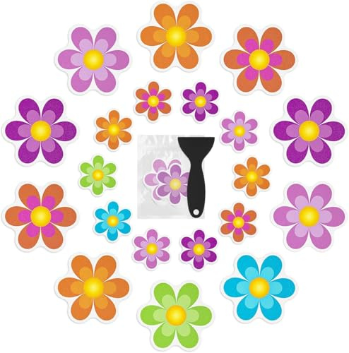 Non Slip Bathtub Stickers, 10 PCS Shower Stickers for Safety Bathroom Tubs, Bathtub Non Slip Stickers and Adhesive Decals Scraper for Bath Tub, Shower Floor(Bright Flowers)