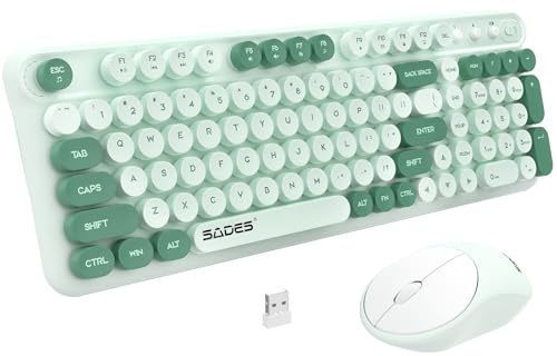 Wireless Keyboard and Mouse - Retro Round Keycaps, 2.4G Lag-Free Rechargeable Typewriter Keyboard Mouse Combo for Mac, Windows, PC, Laptop (White Green)