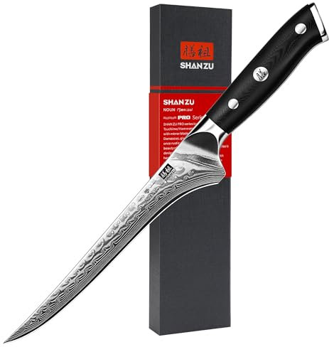 SHAN ZU Damast Filetiermesser 18 cm Küchenmesser, Ausbeinmesser aus 67 Lagen Japanischem Damaststahl, Professionelles Fischfiliermesser, Scharfes Fischmesser mit Ergonomischem G10-Griff - PRO Series