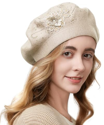 Gajaous Blumenstickerei Baskenmütze für Damen, Französische Stil Strickbaskenmützen, Stilvolle Unifarbe Baskenmütze für Frauen Damen