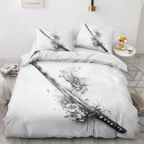 Housse de Couette Samouraï Japonais 160x200 avec 1 Taie d'oreiller 65x65 cm - Parure de Lit Fleur de Cerisier en Microfibre Douce - Linge de Lit 1 Personne Adulte avec Fermeture éclair Q&141