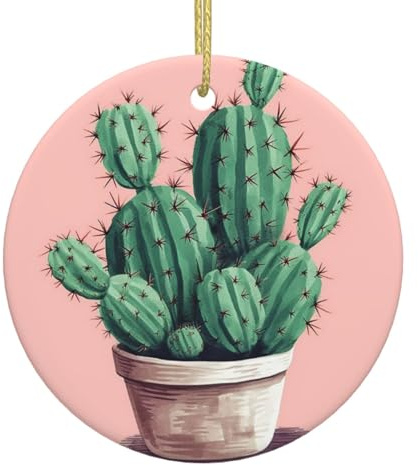 Décoration de Noël en forme de cactus avec ruban doré en céramique de forme ronde à suspendre - Artisanat de Noël pour décoration de fête de vacances, cadeau