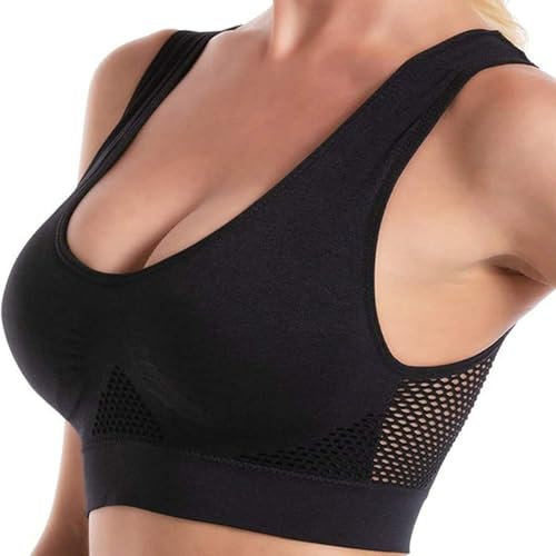 PrinStory Sports Bra For Women Black Yoga Bra Wire Free Sports Bra No Buckle Breathable Outdoor Activewear Ladies Bra Causal Nylon Mesh Design Vest (Black, L)
