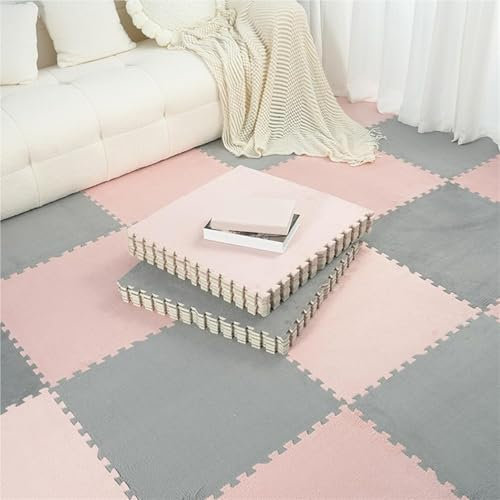 KLYso 10 Stück 30,5 X 30,5 cm Schaumstoff-Bodenfliesen, Weiche Spielmatte, Leicht Zu Reinigende Quadratische Teppich-Plüsch-Teppichfliesen(Pink+Gray,30x30x1cm)