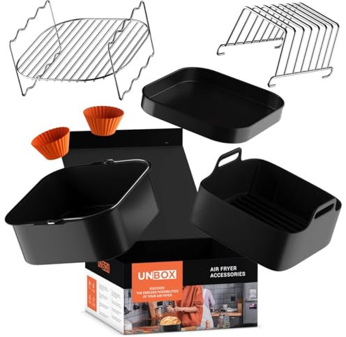 UNBOX Airfryer Zubehör für Tefal EY9018 Dual Easy Fry 5,2/3,1 L - Heißluftfritteuse Zubehör Set kompatibel mit Philips Dual Basket Airfryer 3000-serie 6L/3L - mit Grillrost, Silikonform, BPA-frei