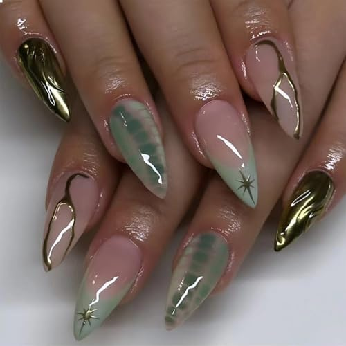 GlamRays 30 Stück Hellgrüne French Tip Press on Nails Mittel Almond - Herbst Gold Falsche Nägel Nüdes Pink Falsche Nägel Press ons Voll Abdeckung Herbst Nagel Spitzen