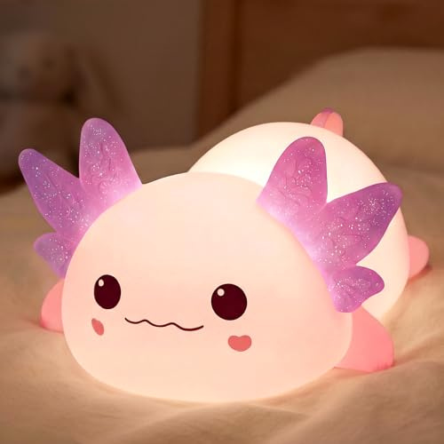 Mewaii Axolotl - Luce notturna per bambini, 3 livelli dimmerabili, in silicone, luce notturna per bambini, 4 rumori bianchi lenitivi e timer, lampada ricaricabile tramite USB, decorazione per camera