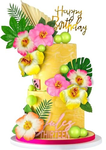 Doyomtoy 25Pcs Hawaiian Cake Decorations, Tropical Flower & Palm Leaf Party Decoration Set