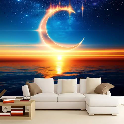 Carta da parati Fotomurale Tramonto acqua di mare stelle e luna 300 x 210 cm Fotomurali in TNT Murale alla moda Decorazione da Muro Poster Design Fotomurali per pareti Decorazione Da Muro