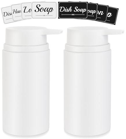 Topsky 2er Set Kunststoff Seifenspender (480ml) - Weiß Nachfüllbar - Für Handseife, Lotion & Spülmittel - Küche, Bad, Dusche - Inkl. Pumpe für Waschbecken & Arbeitsplatte（Mit Sticker）