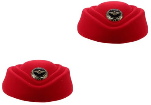 Beavorty 2 Stück Hut Stewardess-Mütze für Damen Rand Fluggesellschaft Szene Flugbegleiter Mütze Weiß Funky Fans Uniformhüte für Damen Piloten Stewardess Wolle rot