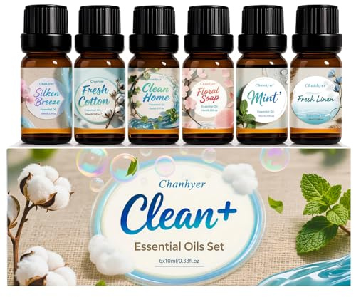Clean Essential Oils Set 6 x 10ml – Fresh Linen, Cotton, Silken Breeze, Peppermint, Clean Home, Soap Scent for Diffuser, Home Fragrance