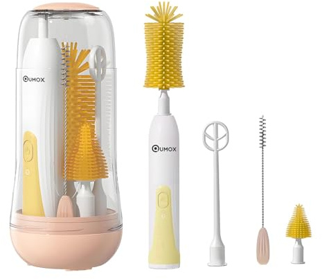 QUMOX Brosse Électrique pour Biberon Bébé, Kit de Nettoyage 6-en-1 Rechargeable USB avec Boîtier de Rangement – Brosse Motorisée pour Biberons, Tétines, Pailles, Tasses et Gobelets (Jaune)