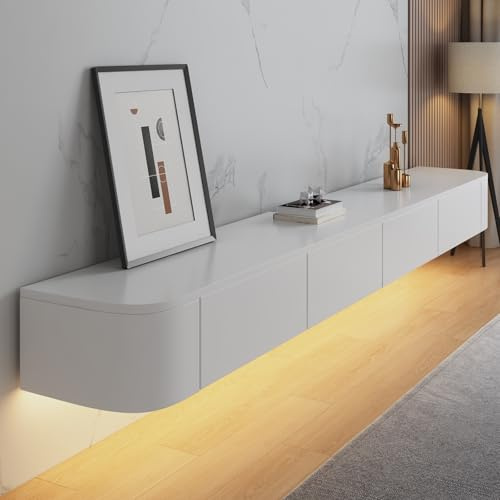 Coubird TV Schrank hängend Wandmontiert Weiß Holz Großer Schwebende TV Regale mit LED-Beleuchtung & Türen & Schublade Moderne Entertainment TV Konsole Aufbewahrung TV Unterbau (220cm/86in)