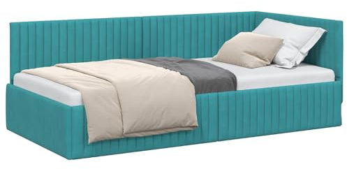 vidaXL Eckbettgestell mit Kopfteil Türkis 100 cm x 200 cm Samt, Modernes Schlafzimmer mit vielseitigem Bett und Sofa, platzsparendem rechteckigen Tagesbett-Rahmen