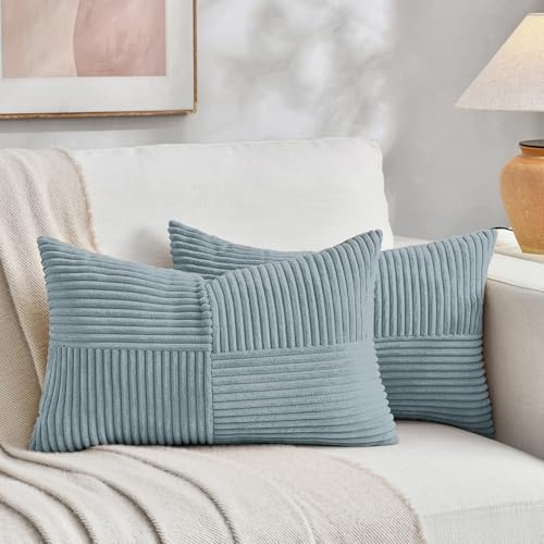 FDTERN Set med 2 Boho kuddfodral för soffa 40 x 70 cm manchestersammet modernt mjukt korsmönster dekorativa kuddfodral för soffa sovrum, ljusblå