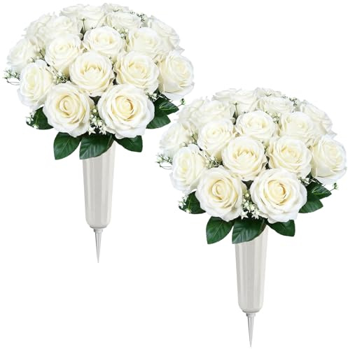 Lewondr Artificial Cemetery Flowers with Vase, 2 Sets Outdoor Grave Decorations UV Resistant Silk Roses Bouquet Graveyard Memorial Day Flowers for Cemetery Headstones Decoration, White