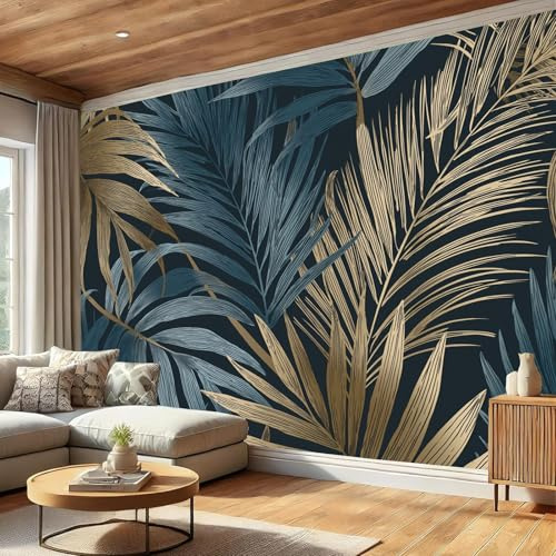Carta Da Parati Foglie Palma In Metallo 350×256Cm Carta Da Parati In Tessuto Di Seta Lusso Moderno Decorazione Soggiorno Camera De Letto Sala Ufficio Blu Navy