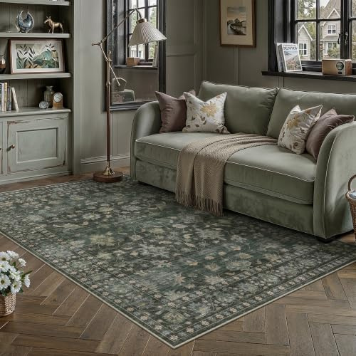 PureCozy Teppich Wohnzimmer 140x200cm Waschbarer Teppiche,Grün | Blumenmuster,Waschbar, Rutschfest, Kurzflor, Weich, Schlafzimmer, Esszimmer, Büro, Flur, Kinderzimmer