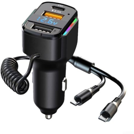 Caricabatteria da auto USB C a 3 porte con PD 3 0 e supporto QC 3 0, display digitale a LED per percentuale di batteria, supporta la ricarica di più dispositivi
