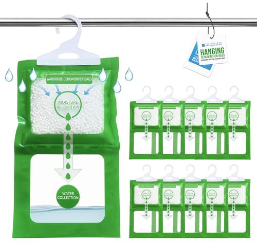 Hanging Dehumidifier Bags with Built-In Hook - Moisture Trap Wardrobe Dehumidifier Hanging Bags Absorbs 300ml - Stops Mould - Disposable Dehumidifiers for Home, Wardrobe, Bedroom, Caravan - Pack of 10