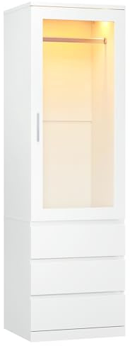 Dripex 180cm Armoire Wardrobe Closet with LED Lights and 3 Large Drawers,40x48x180 CM,Modern Clothes Shelf Furniture & Hanging Rail, Wooden Clothes Storage Cupboards Unit（White，Wood）