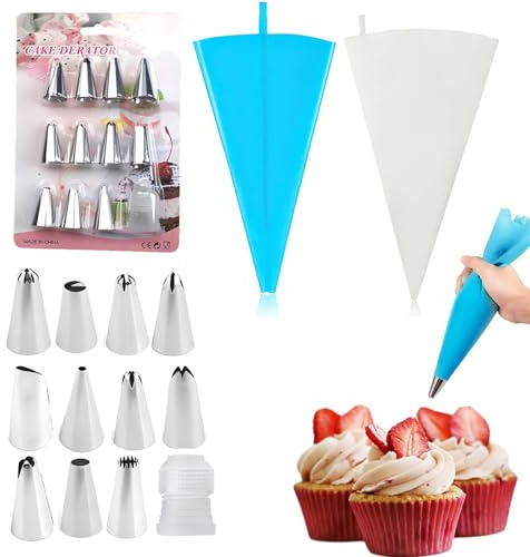 JYXNU Juego de 14 Boquillas Manga Pastelera Profesionales de Acero Inoxidable con 2 Mangas Pasteleras Reutilizables 14 Pulgadas Azul y Blanco para Decoración de Tartas y Cupcakes