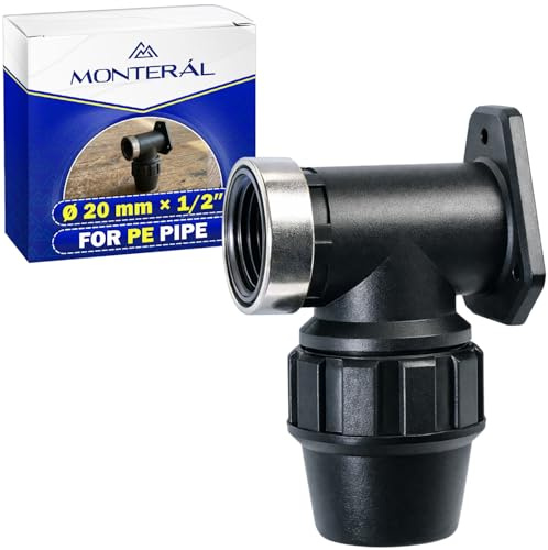 Racor Ø 20mm 1/2″ de Codo 90° con Soporte de Pared y Rosca Hembra Reforzada | con Anillo de Acero Galvanizado de Polipropileno PP para Conectar Tubo Polietileno PE - MONTERAL
