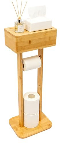Toilettenpapierhalter Stehend aus Bambus mit Aufbewahrung, Bambus Klopapierhalter Stehend, Toilettenpapierhalter mit Feuchttücherbox (Drehbarer Boxdeckel), Vorübergehende Desktop für Badezimmer