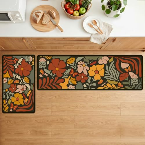 Vighoslyn Boho Rugs for Kitchen Floor, 2 PCS Wipeable Rubber Kitchen Mat, Cushioned Non-Slip Kitchen Mats for Floor, Anti Fatigue Bath Mats, Flower Lover Gift 15.7×27.5 +15.7×47