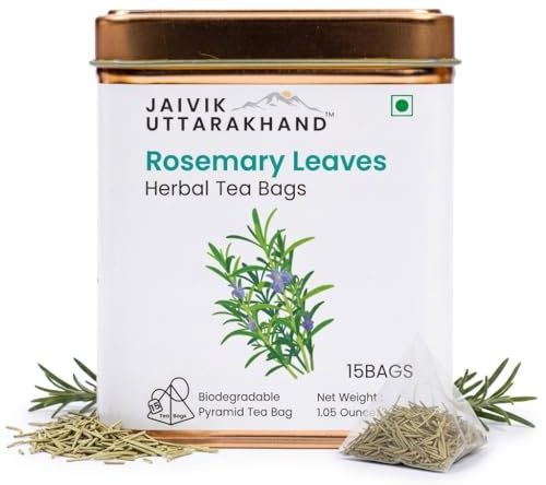 Jaivik Uttarakhand Dry Rosemary Tea Bags, 15 Count, Supports Hair Growth, Stress Relief, Immunity Booster, Caffeine Free, Top Grade Leaf, Pack of 1 Tin Box