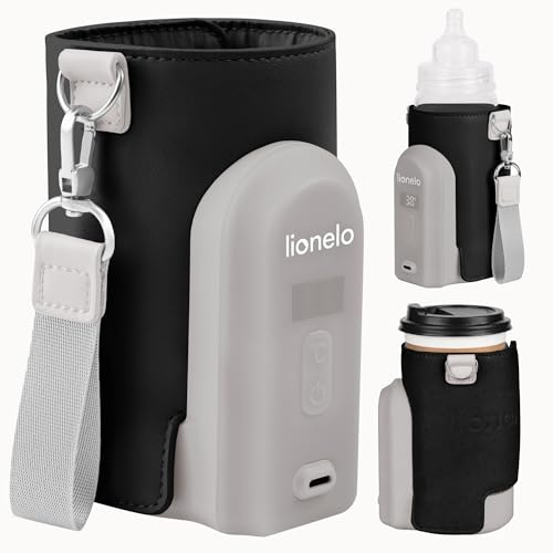 LIONELO Thermup Go Evo Bärbar Flaskvärmare för Resor, USB-C Laddning, 5 Temperaturer 38–50 °C, Passar Alla Flaskor 50–80 mm, upp till 9 h Drift, LCD Display, Säker Sensor, för Bil och Promenad