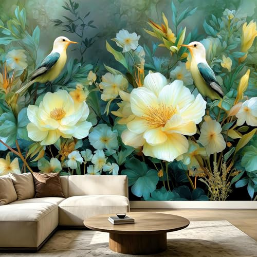 Générique Carta da parati panoramica 250 x 175 cm su misura murale effetto 3D giungla uccelli fiori carta da parati in tessuto non tessuto per soggiorno, camera da letto, guest house