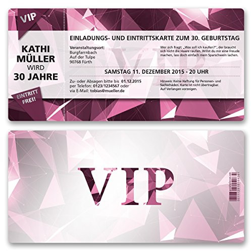 (30 x) Einladungskarten Geburtstag VIP Party Edel Pink Lila Ticket Einladungen