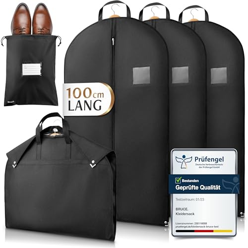 Bruce.® 3x Borsa Porta Abiti da Viaggio 100 x 60cm inkl 1x Sacchetto per Scarpe, Custodia Abiti con Cerniera Antitarme, Copriabiti da Armadio Antipolvere 120 GSM, Porta Abito da Viaggio Uomo e Donna