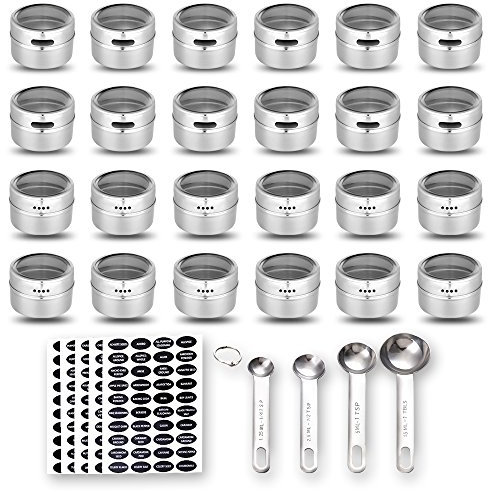 Hanindy 24 Magnetic Spice Tins, 200 Spice Labels, 4 Stainless Steel Measuring Spoons by . Magnetic Spice Containers Organizer Storage Condiment Jar Set of 24, Clear Lid, Sift and Pour