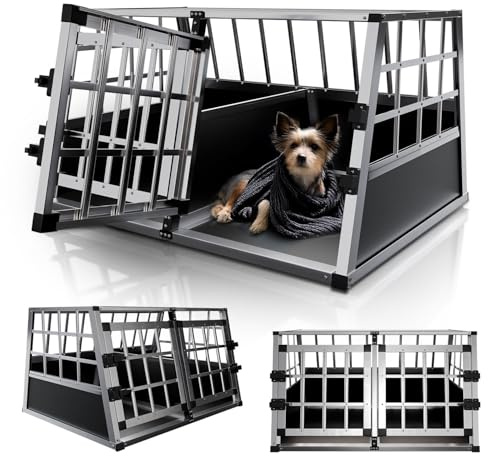 Juskys Box per trasporto cani in alluminio L-X, 89x70x51 cm - Gabbia auto robusta e facile da pulire, con porta a griglia e serratura
