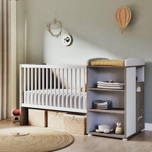 BabyPrice Babybett, Kombi, mitwachsend, 60 x 120 cm | Babybett mit Gitterstäben und Wickelkommode | Smile Eiche Silex | mitwachsendes Bett 90 x 190 cm | Hergestellt in Frankreich von Sauthon